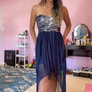 Navy blue high-low dress with a sequin bodice